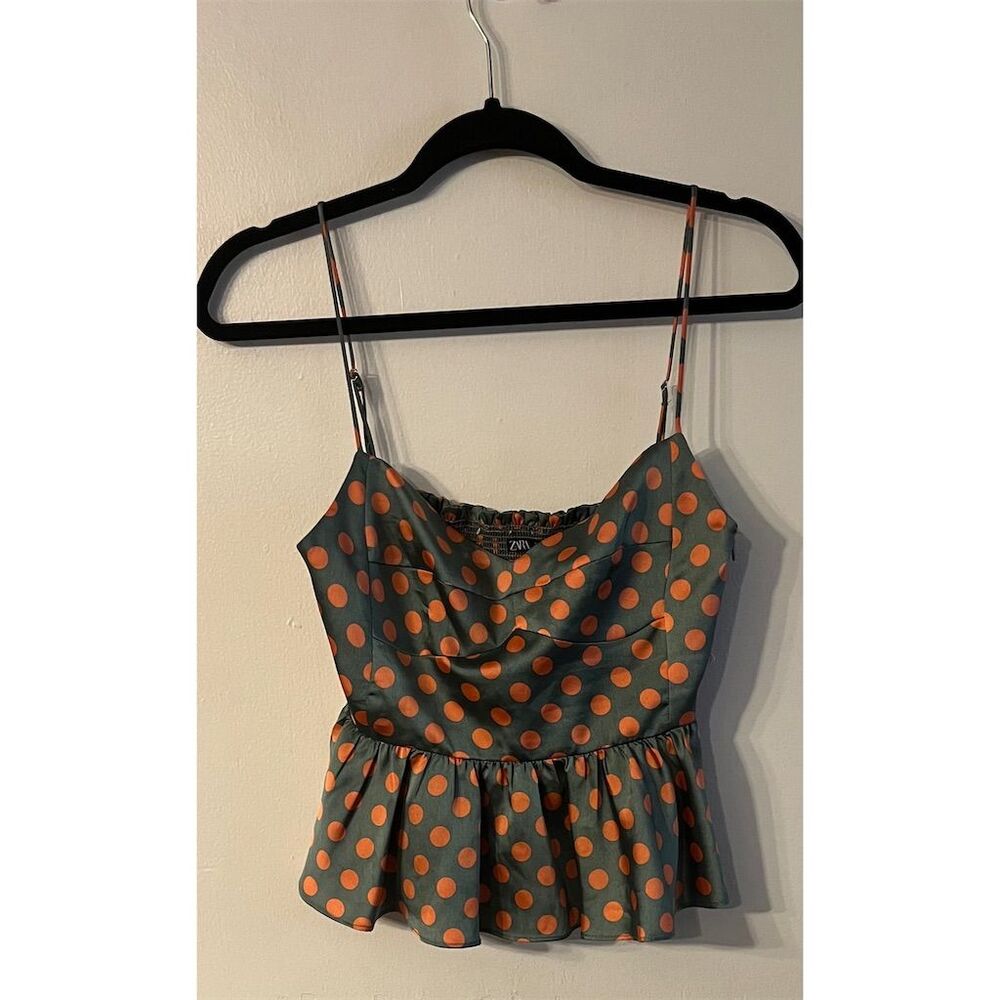 ZARA Women's Sz M Green Orange Polka Dot Peplum Top Sleeveless Scoop Neck